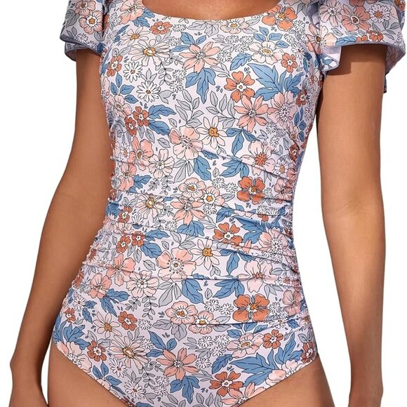 Brand New Women's Tummy Control One Piece Swimsuit Orange Print X-large - Picture 1 of 6